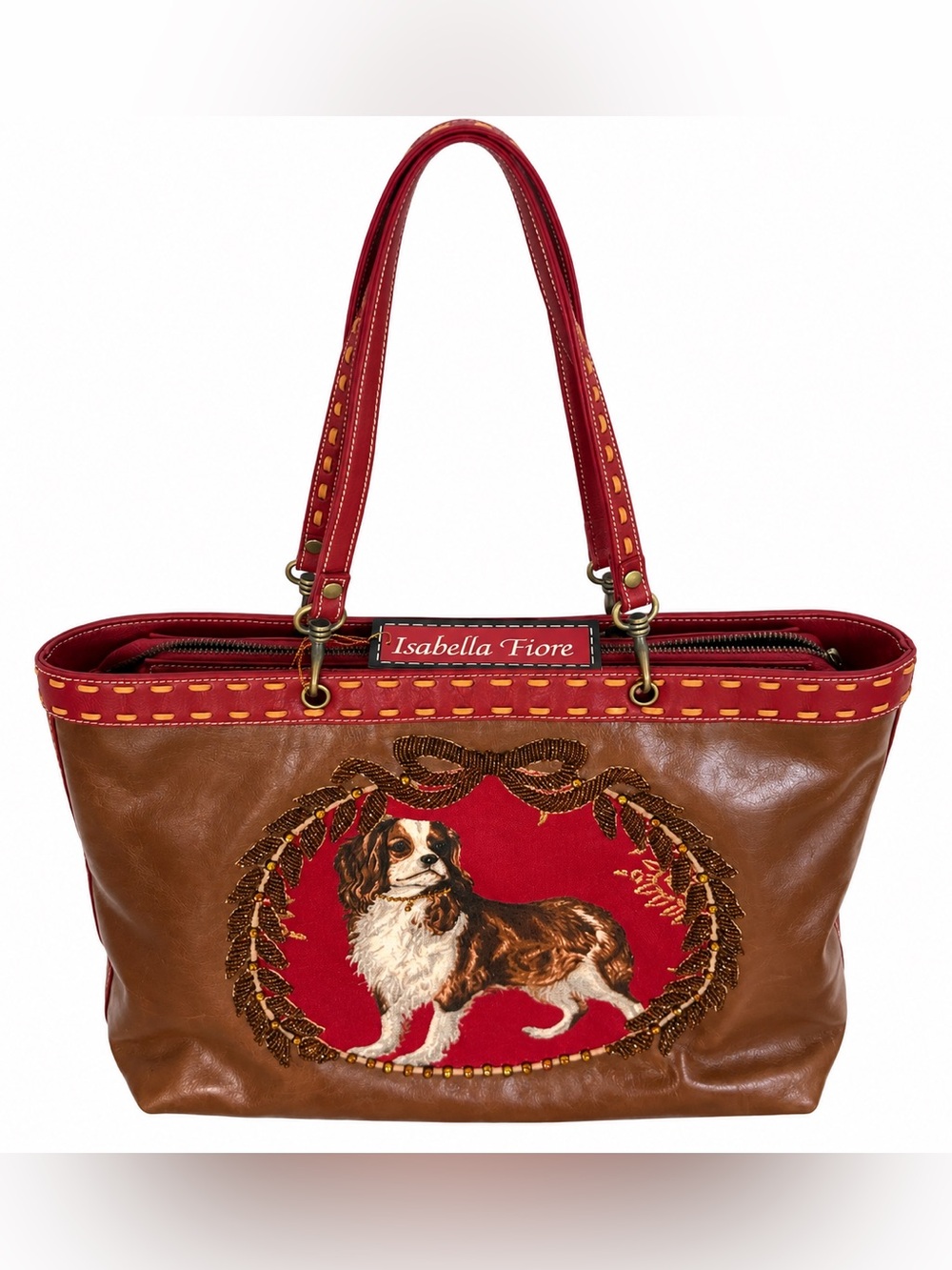RARE Isabella Fiore Cavalier King Charles Spaniel distressed leather tote bag